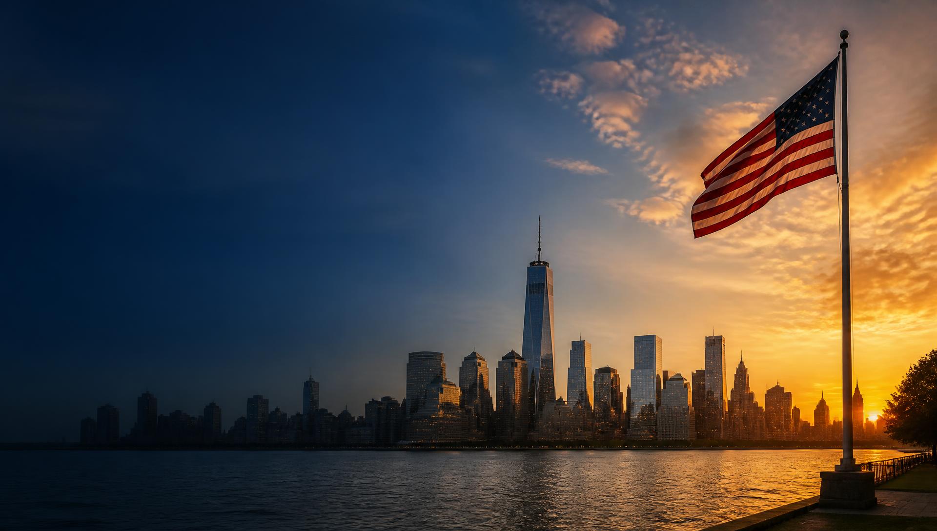 American flag flying over a city skyline at dusk